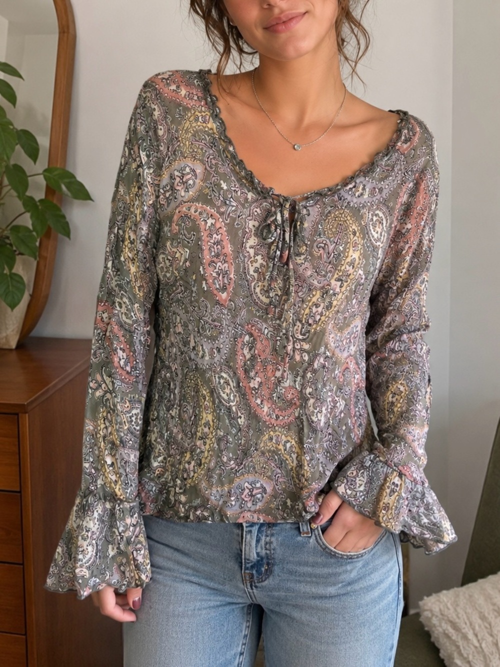 Vintage Y2K Paisley Boho Tie Front Flare Sleeve Fairy Blouse Retro Ruffle Top
